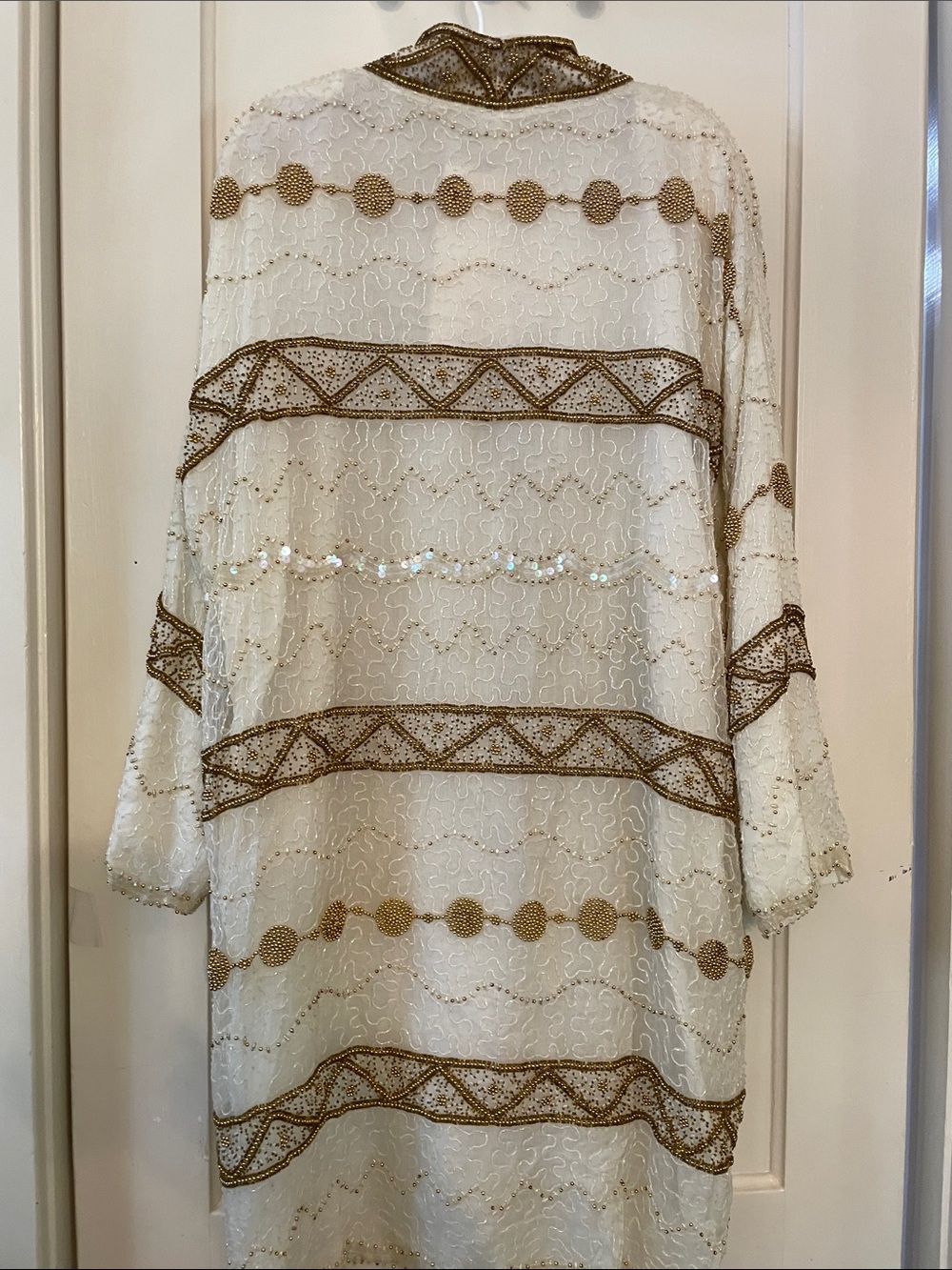 Vintage with tags Ivory Long-Sleeve Embroidered Dress with Gold Trim - Picture 7 of 9